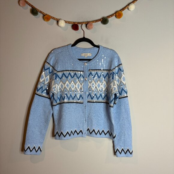 LOFT Sequin Fair Isle Sweater Jacket Blue - Picture 2 of 6